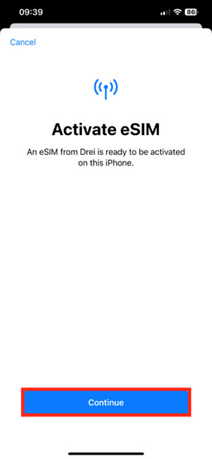 Continue eSIM installation